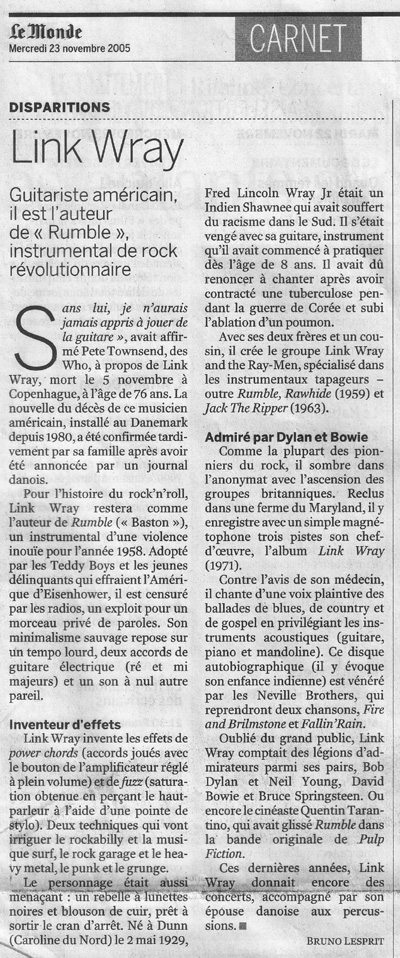 Hommage � Link Wray - Bruno Lesprit - � Le Monde - 23 Novembre 2005